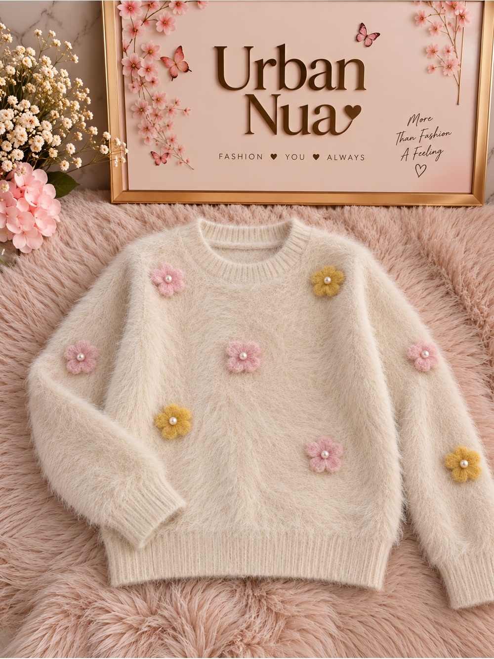 Cream Floral Fuzzy Sweater